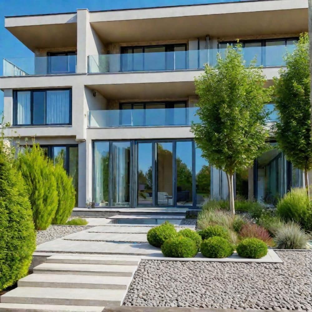 Modernes Mehrfamilienhaus mit Garten und Terrasse im urbanen Stil.
