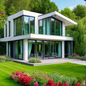 Moderne Villa mit großen Glasfenstern, umgeben von Natur und Garten. Perfekt für nachhaltiges und st.